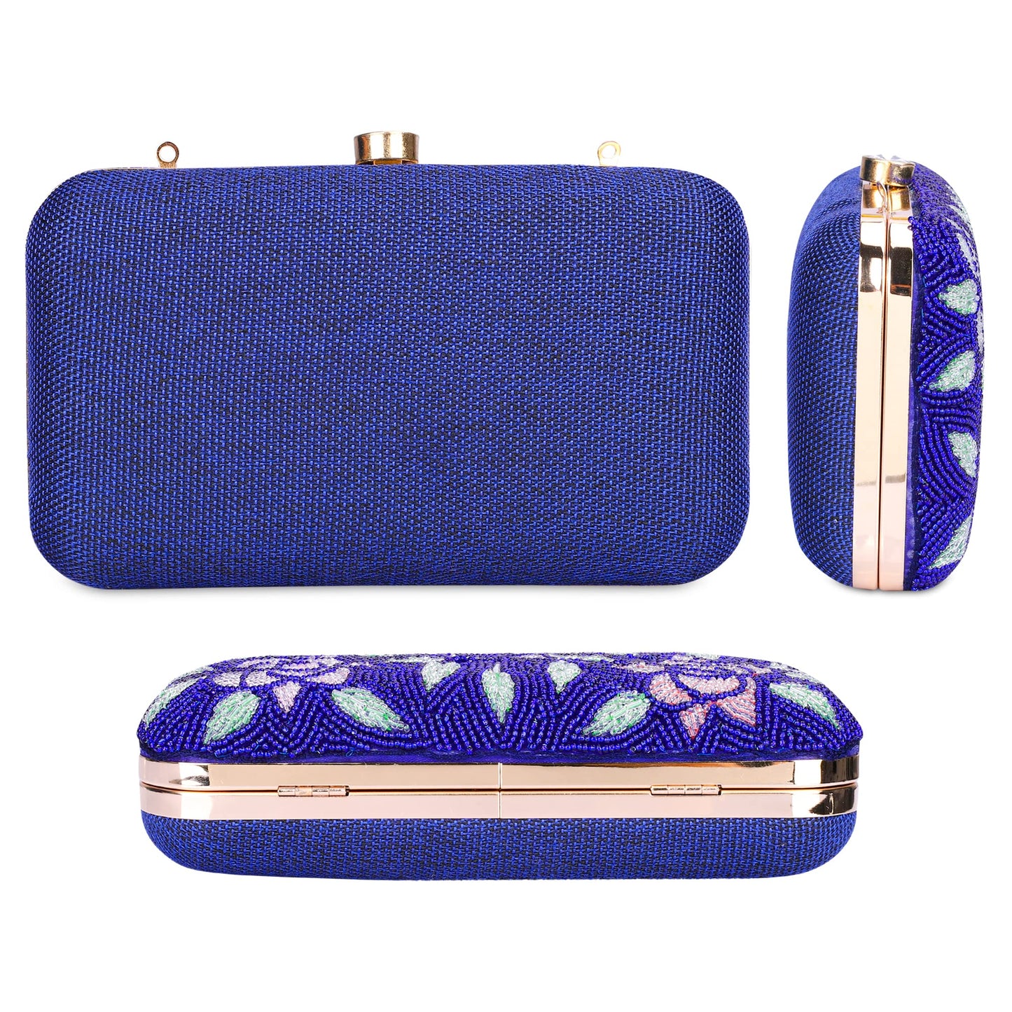 THE CLOWNFISH Norah Collection Womens Party Clutch Ladies Wallet with Chain Strap Evening Bag with Beads Work Floral Design (Royal Blue)