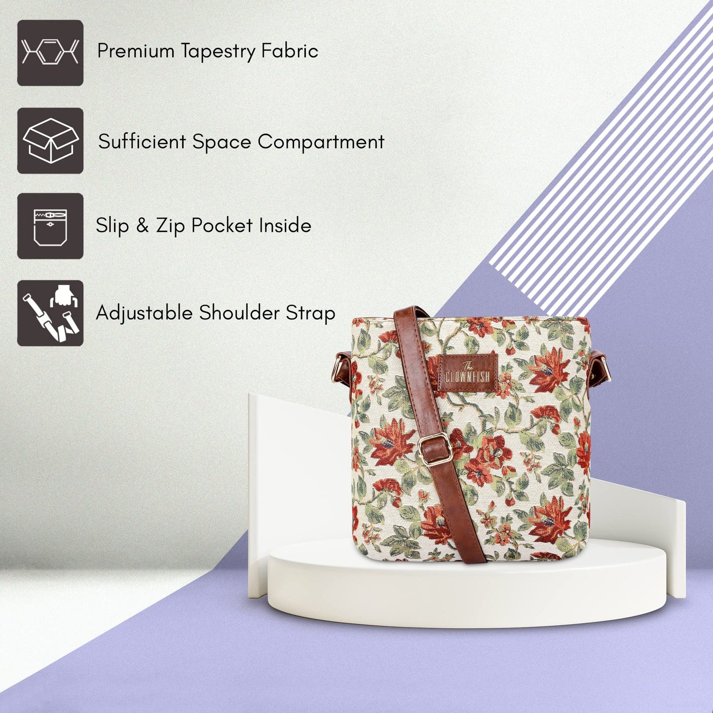 THE CLOWNFISH Linda Series Sling for Women Casual Ladies Single Shoulder Bag For Women Crossbody Bag for College Girls (Off White-Floral)