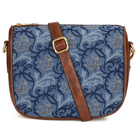 THE CLOWNFISH Garnet Series Printed Handicraft Fabric & Tapestry Crossbody Sling Bag for Women Ladies Single Shoulder Bag Shoulder Belt (Blue-Floral)