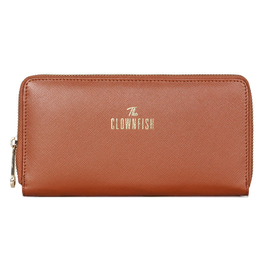 THE CLOWNFISH Monalisa Collection Genuine Leather Womens Wallet Clutch Ladies Purse with Multiple Card Slots & Metal Zip Around Closure (Tan)