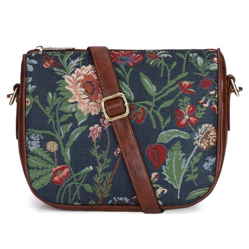 THE CLOWNFISH Garnet Series Printed Handicraft Fabric & Tapestry Crossbody Sling Bag for Women Ladies Single Shoulder Bag Shoulder Belt (Navyblue-Floral)