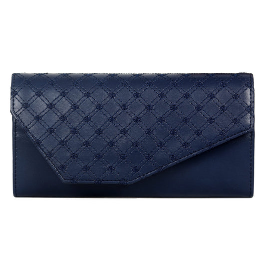 THE CLOWNFISH Helena Collection Womens Wallet Clutch Ladies Purse with Embroidery On Flap (Navy Blue)