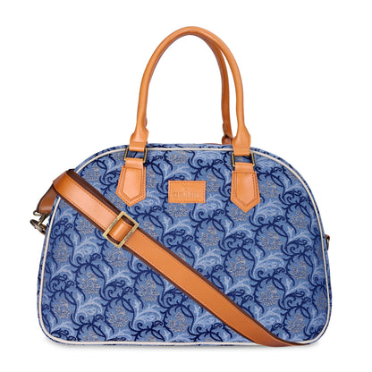 The Clownfish Ziana Series 24 litres Tapestry & Faux Leather Unisex Travel Duffle Bag Luggage Weekender Bag (Blue-Floral)