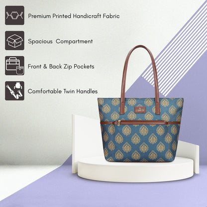 THE CLOWNFISH Concetta Printed Handicraft Fabric & Faux Leather Handbag for Women Office Bag Ladies Shoulder Bag Tote For Women College Girls (Peacock Blue)