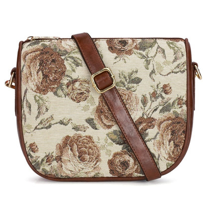 THE CLOWNFISH Garnet Series Printed Handicraft Fabric & Tapestry Crossbody Sling Bag for Women Ladies Single Shoulder Bag Shoulder Belt (Brown-Floral)