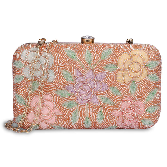THE CLOWNFISH Norah Collection Womens Party Clutch Ladies Wallet with Chain Strap Evening Bag with Fashionable Round Corners Beads Work Floral Design (Peach)