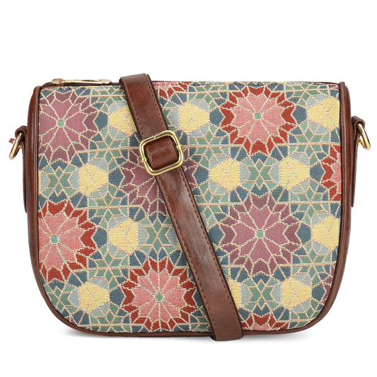 THE CLOWNFISH Garnet Series Printed Handicraft Fabric & Tapestry Crossbody Sling Bag for Women Ladies Single Shoulder Bag Shoulder Belt (Multicolour-Floral)