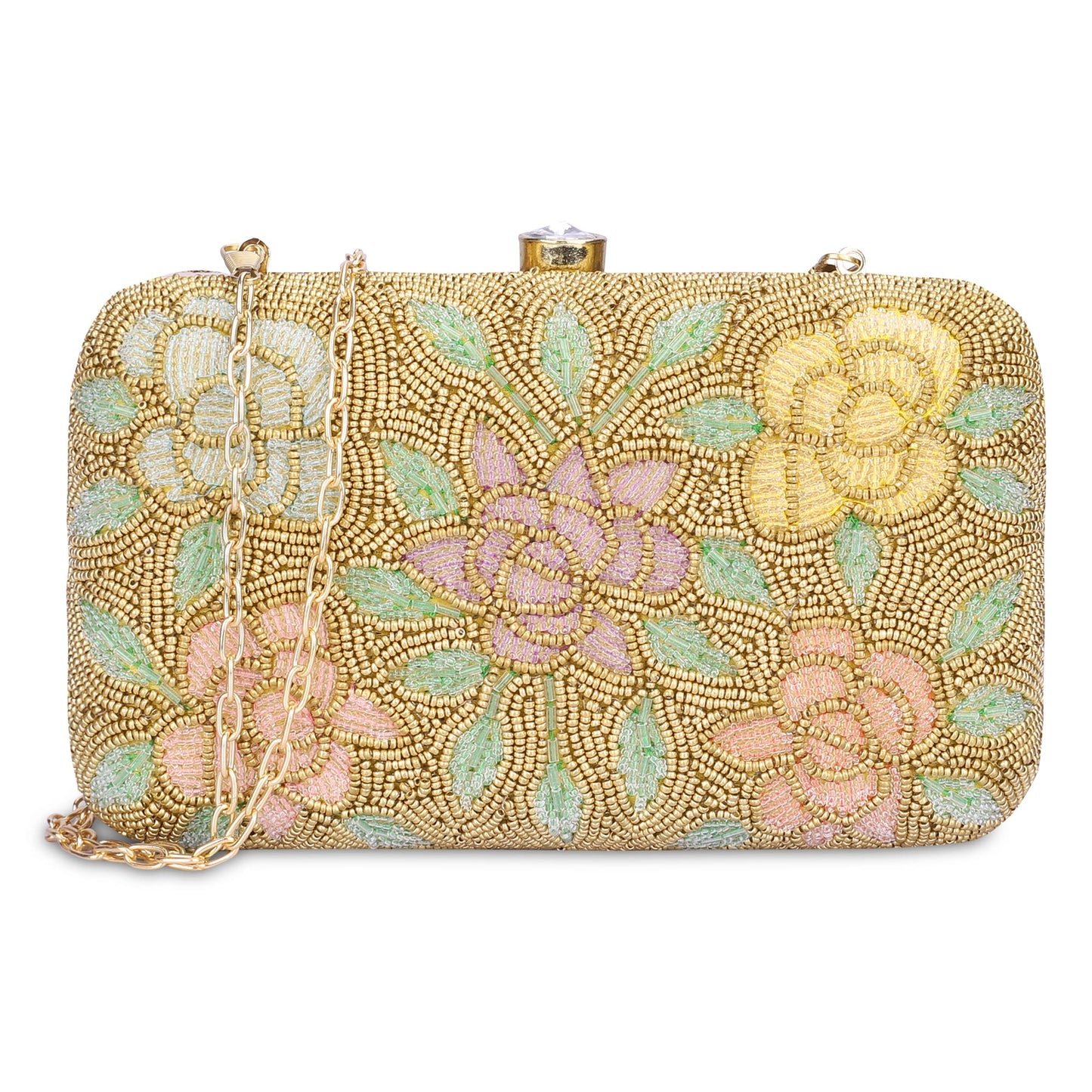 THE CLOWNFISH Norah Collection Womens Party Clutch Ladies Wallet with Chain Strap Evening Bag with Fashionable Round Corners Beads Work Floral Design (Yellow Ochre)