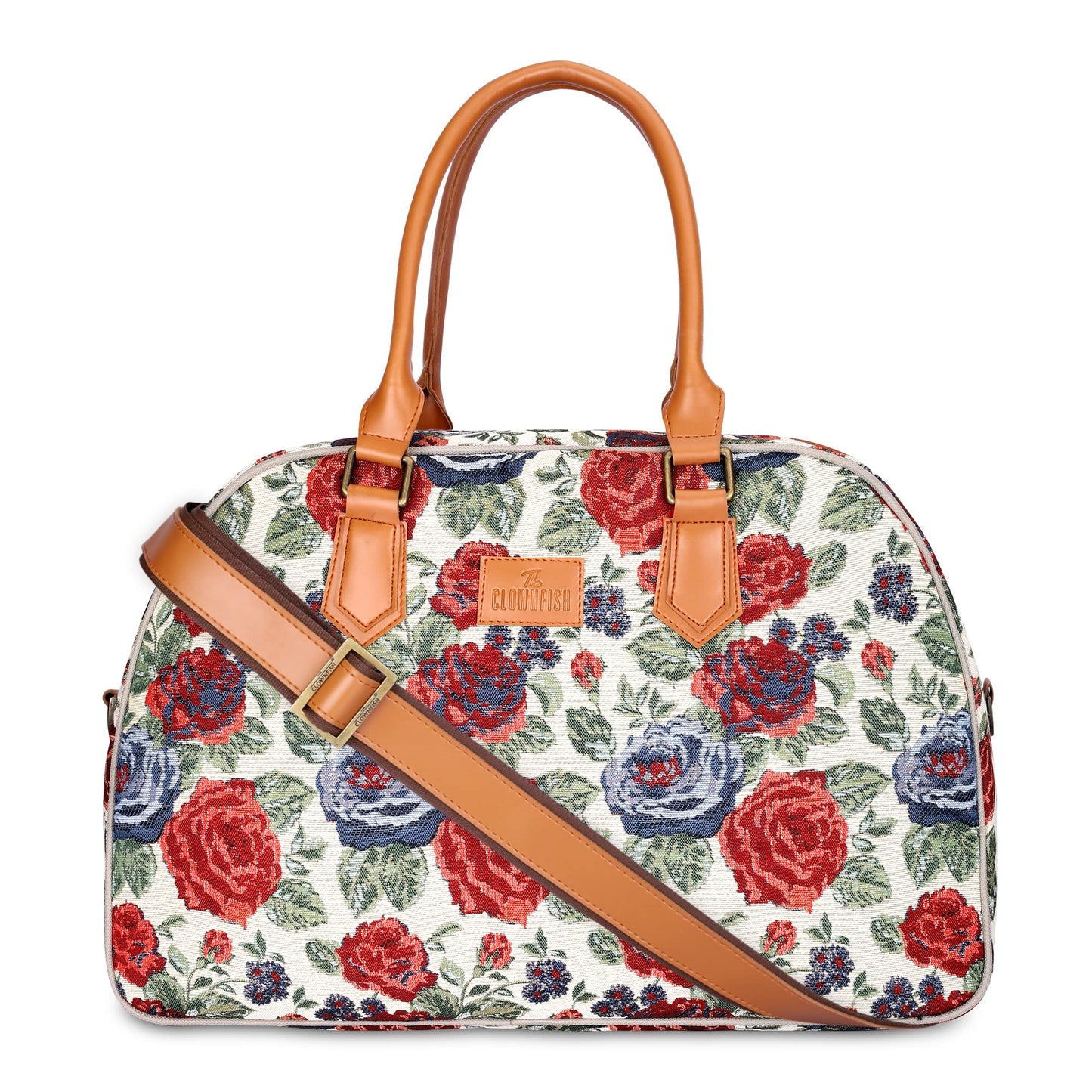 The Clownfish Ziana Series 24 litres Tapestry & Faux Leather Unisex Travel Duffle Bag Luggage Weekender Bag (Red-Floral)