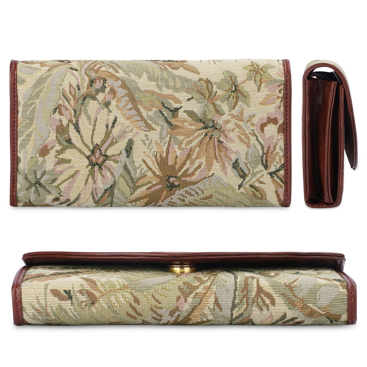 THE CLOWNFISH Mia Collection Tapestry Fabric & Faux Leather Snap Flap Closure Womens Wallet Clutch Ladies Purse with Multiple Card Holders (Beige)