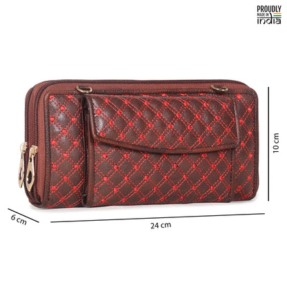 THE CLOWNFISH Emerald Series Womens Wallet with Front Mobile Pocket and Red Checkered Embroidery (Red)