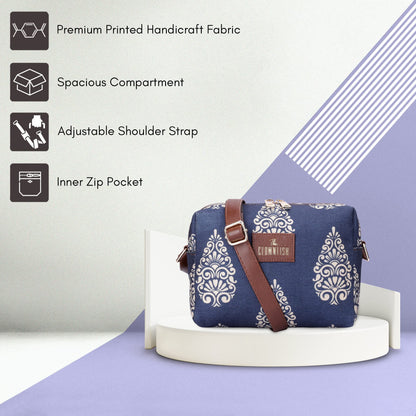 THE CLOWNFISH Isla Printed Handicraft Fabric Crossbody Sling bag for Women Casual Party Bag Purse with Adjustable Shoulder Strap for Ladies College Girls (Navyblue-Design)