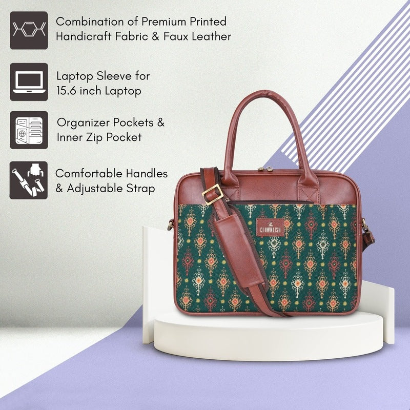 THE CLOWNFISH Deborah series 15.6 inch Laptop Bag For Women Printed Handicraft Fabric & Faux Leather Office Bag Briefcase Messenger Sling Handbag Business Bag (Green)