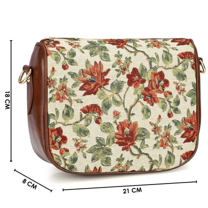 THE CLOWNFISH Garnet Series Printed Handicraft Fabric & Tapestry Crossbody Sling Bag for Women Ladies Single Shoulder Bag Shoulder Belt (Off White-Floral)