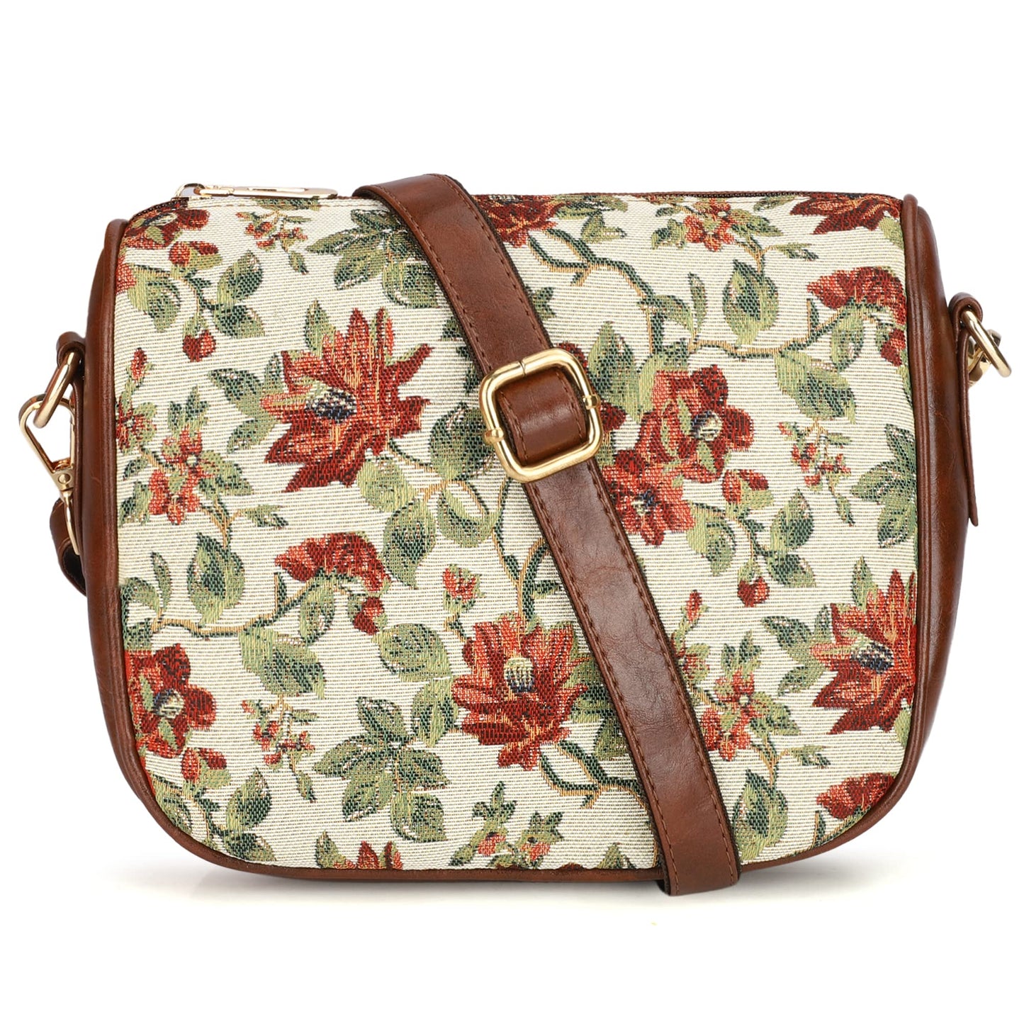 THE CLOWNFISH Garnet Series Printed Handicraft Fabric & Tapestry Crossbody Sling Bag for Women Ladies Single Shoulder Bag Shoulder Belt (Off White-Floral)