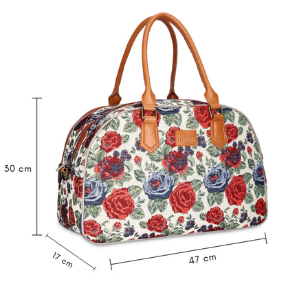 The Clownfish Ziana Series 24 litres Tapestry & Faux Leather Unisex Travel Duffle Bag Luggage Weekender Bag (Red-Floral)