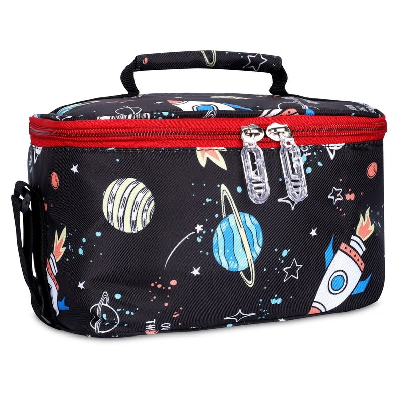 THE CLOWNFISH Snack Attack Series Polyester Printed Tiffin Carry Bag Lunch Bag Lunch Box Carrier Bag for School Picnic Travel Food Storage Bag (Jet Black)