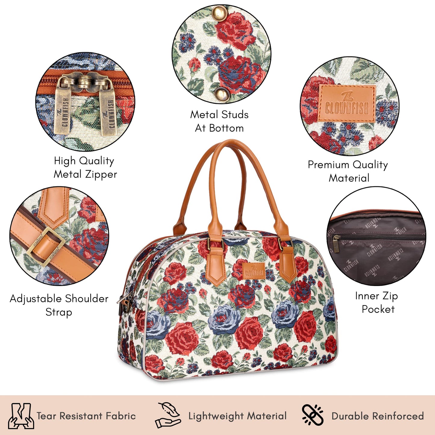 The Clownfish Ziana Series 24 litres Tapestry & Faux Leather Unisex Travel Duffle Bag Luggage Weekender Bag (Red-Floral)