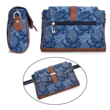 THE CLOWNFISH Odelina Series Tapestry Fabric Handbag for Women Sling Bag Office Bag Ladies Shoulder Bag with Snap Flap Closure & Shoulder Belt Totes For Women (BLUE-FLORAL)