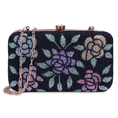 THE CLOWNFISH Norah Collection Womens Party Clutch Ladies Wallet with Chain Strap Evening Bag with Beads Work Floral Design (Jet Black)