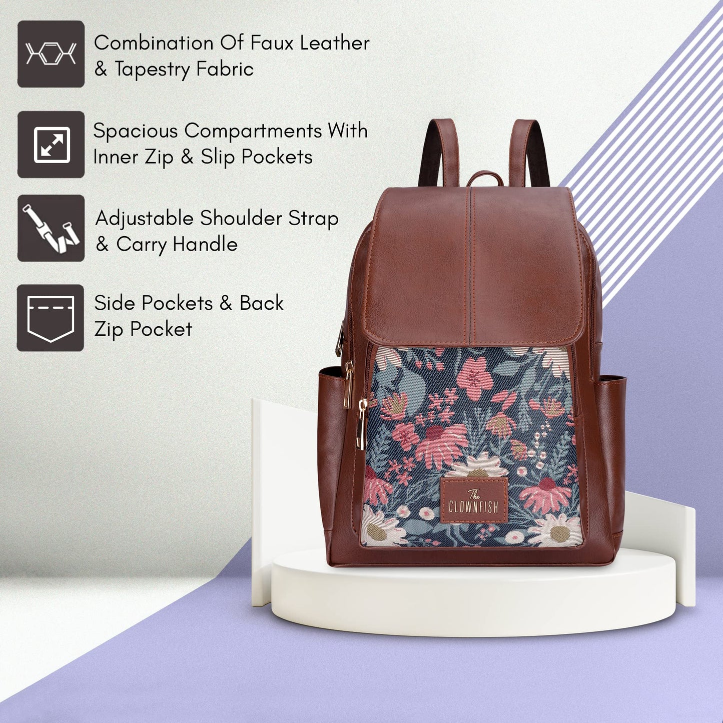 THE CLOWNFISH Medium Size Minerva Faux Leather & Tapestry Women's Standard Backpack College School Bag Casual Travel Standard Backpack For Ladies Girls (Purple- Floral), 10 Litre