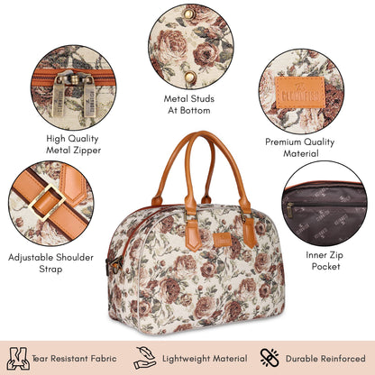 The Clownfish Ziana Series 24 litres Tapestry & Faux Leather Unisex Travel Duffle Bag Luggage Weekender Bag (Brown-Floral)