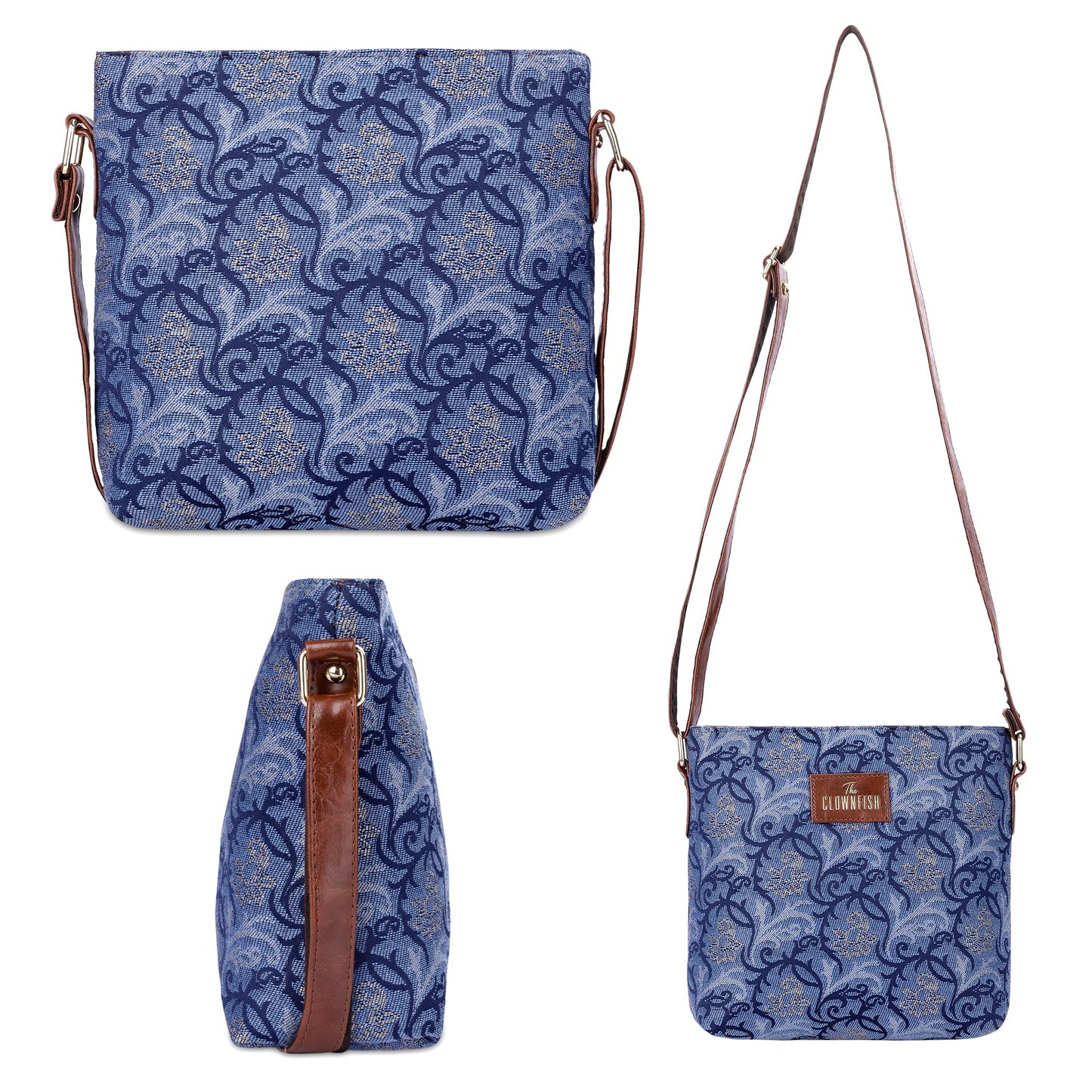 THE CLOWNFISH Combo Of Linda Sling for Women Crossbody Bag for College Girls Justina Tapestry Fabric & Faux Leather Handbag for Women (Blue-Floral)