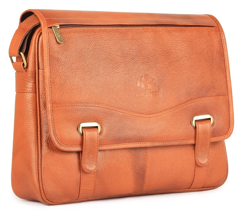 THE CLOWNFISH Envoy Genuine Leather 14 inch Laptop Briefcase (Honey Brown)