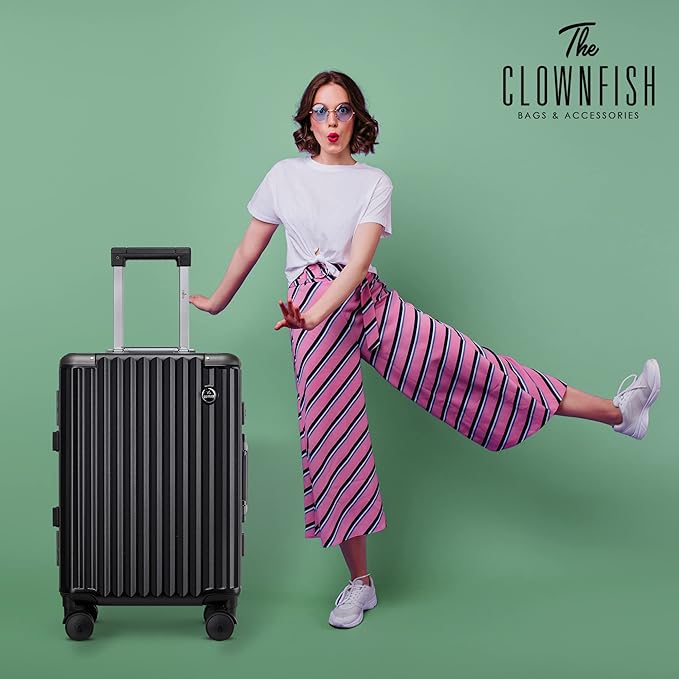 THE CLOWNFISH Stark Series Luggage PolyCarbonate Hard Case Suitcase Eight Wheel Trolley Bag with Double TSA Locks- Sooty Black (Medium size, 67 cm-26 inch)