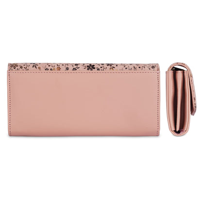 THE CLOWNFISH Jacinta Collection Womens Wallet Clutch Ladies Purse with Floral Design On Flap & Multiple Card Slots (Peach)