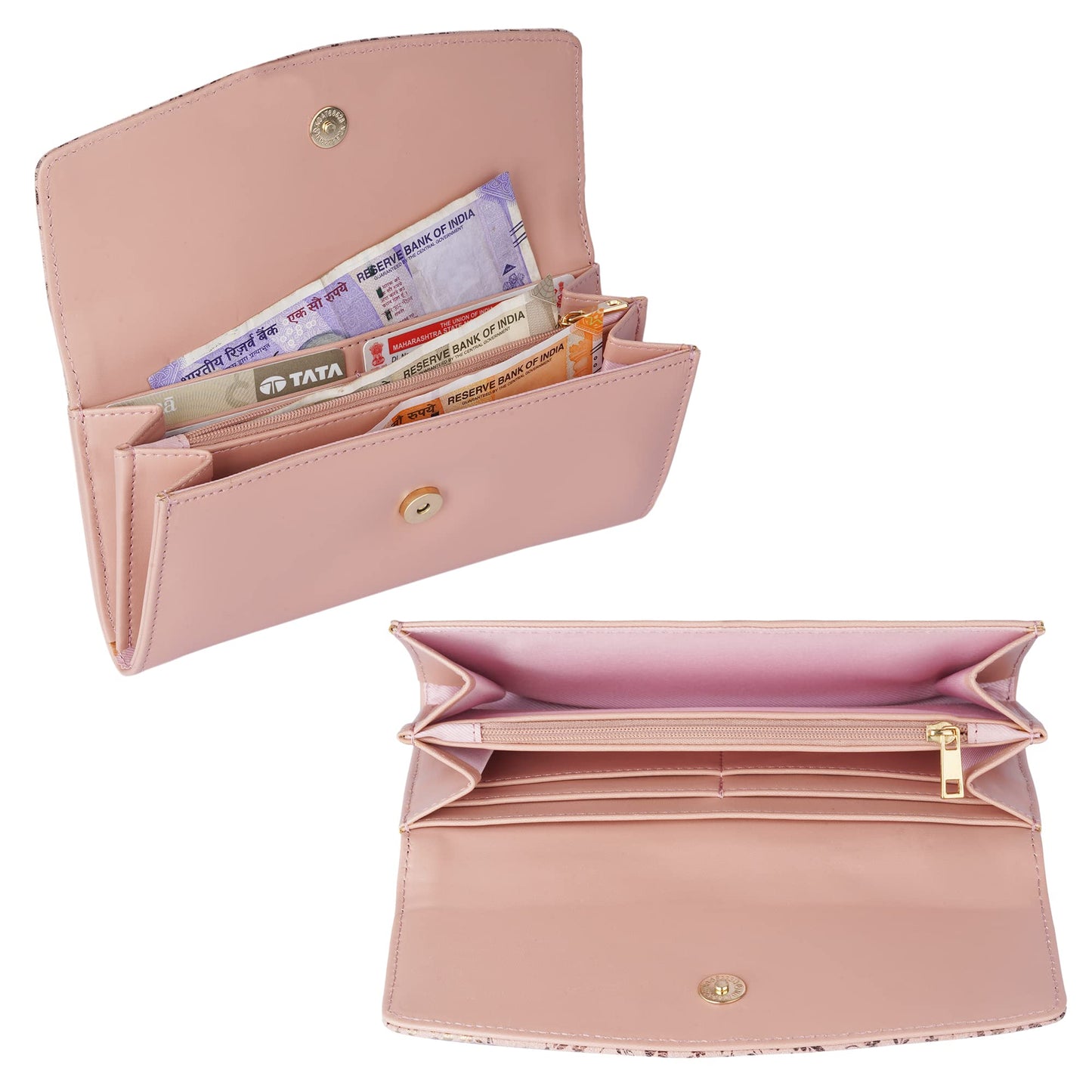 THE CLOWNFISH Jacinta Collection Womens Wallet Clutch Ladies Purse with Floral Design On Flap & Multiple Card Slots (Peach)