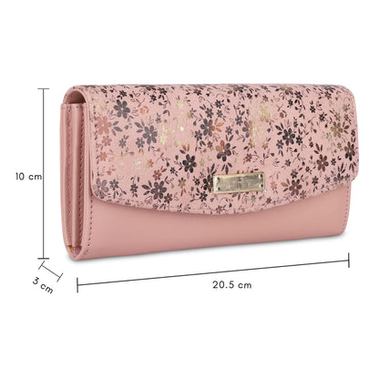 THE CLOWNFISH Jacinta Collection Womens Wallet Clutch Ladies Purse with Floral Design On Flap & Multiple Card Slots (Peach)