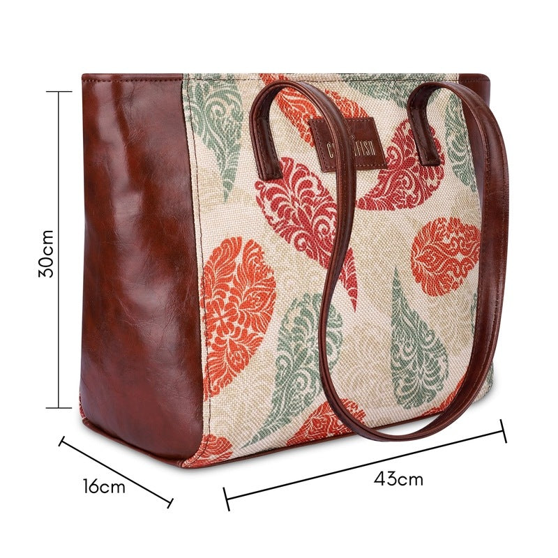 THE CLOWNFISH Valentine Printed Handicraft Fabric & Faux Leather Handbag for Women Ladies Tote for Women College Girls (Cream-Leaf Print)