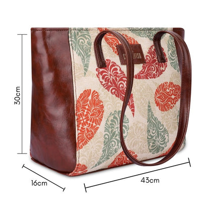 THE CLOWNFISH Valentine Printed Handicraft Fabric & Faux Leather Handbag for Women Ladies Tote for Women College Girls (Cream-Leaf Print)