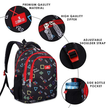 THE CLOWNFISH Scholastic Series Printed Polyester 30 L School Backpack with Pencil/Staionery Pouch School Bag Daypack Picnic Bag For School Going Boys & Girls Age 8-10 years (Charcoal Black)