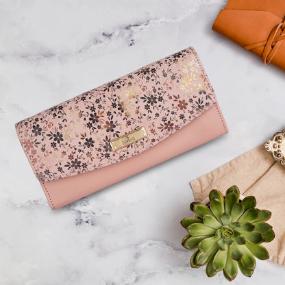 THE CLOWNFISH Jacinta Collection Womens Wallet Clutch Ladies Purse with Floral Design On Flap & Multiple Card Slots (Peach)