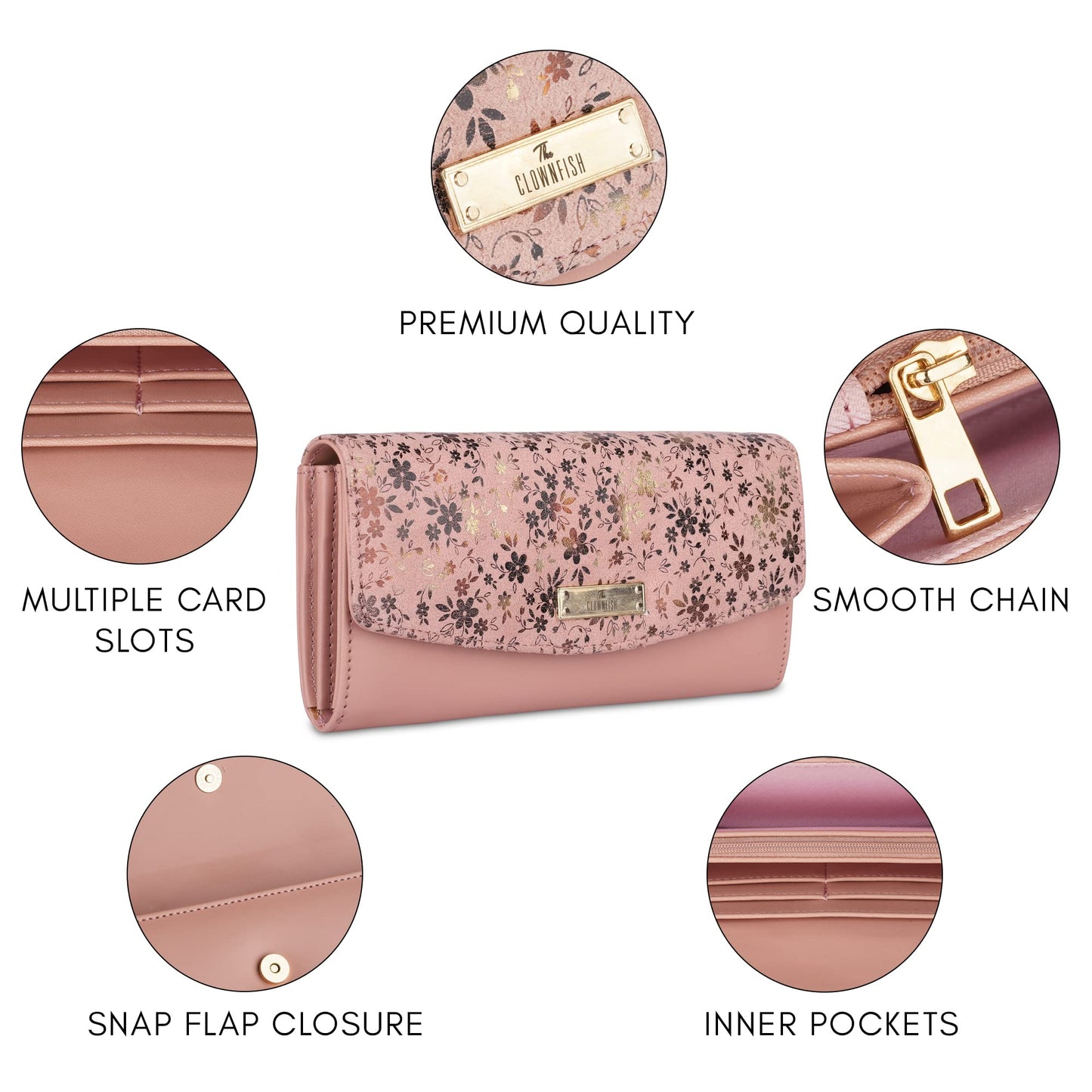 THE CLOWNFISH Jacinta Collection Womens Wallet Clutch Ladies Purse with Floral Design On Flap & Multiple Card Slots (Peach)