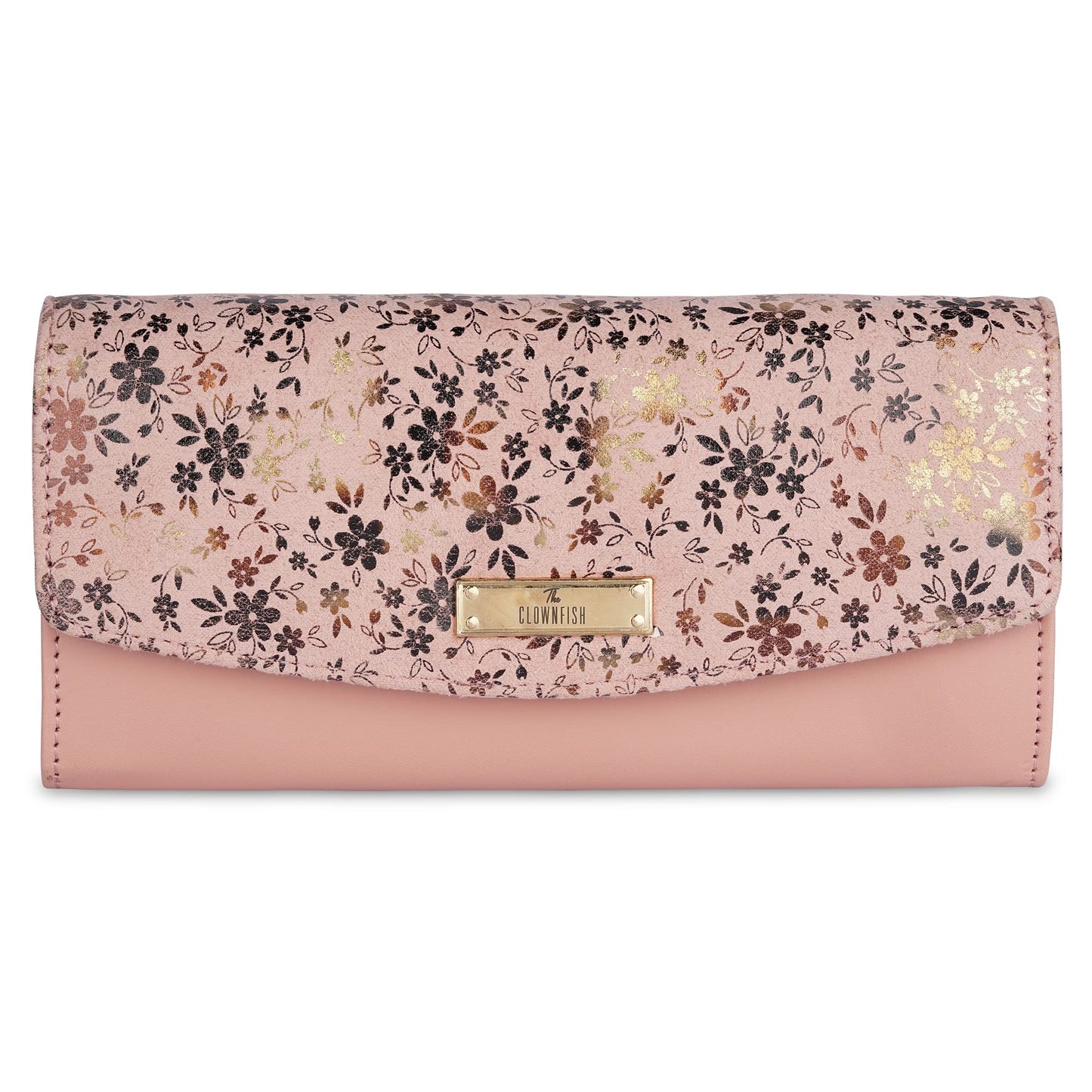 THE CLOWNFISH Jacinta Collection Womens Wallet Clutch Ladies Purse with Floral Design On Flap & Multiple Card Slots (Peach)